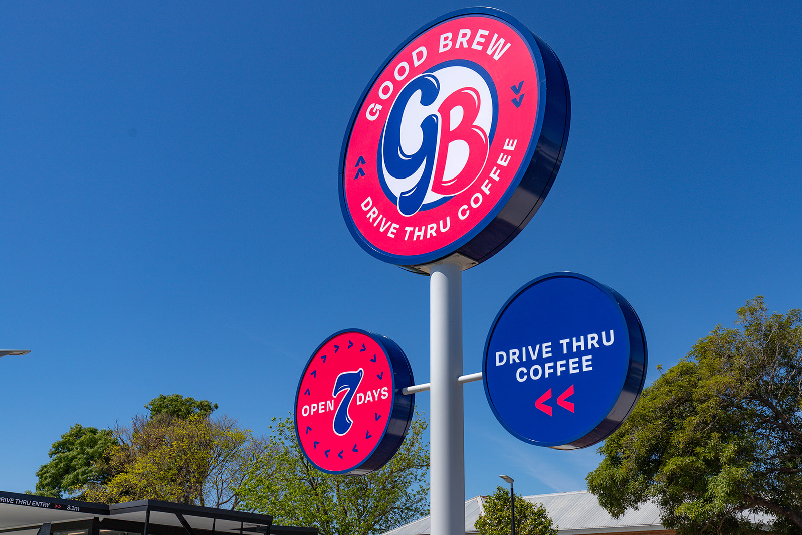 pic of Good Brew Drive Thru pylon signage on clear day